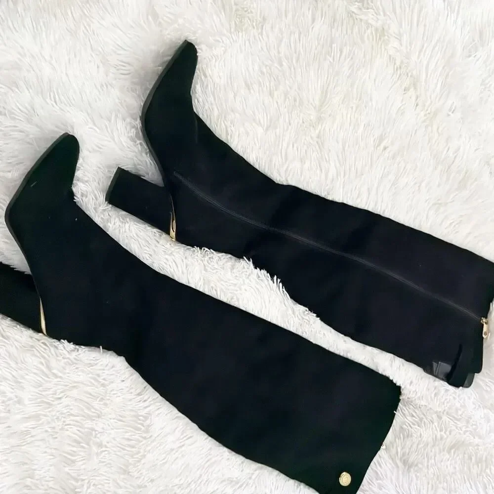 TOMMY HILFIGER | Faux Suede Black Gold Hardware Over Knee Boots Twnarzel | 9